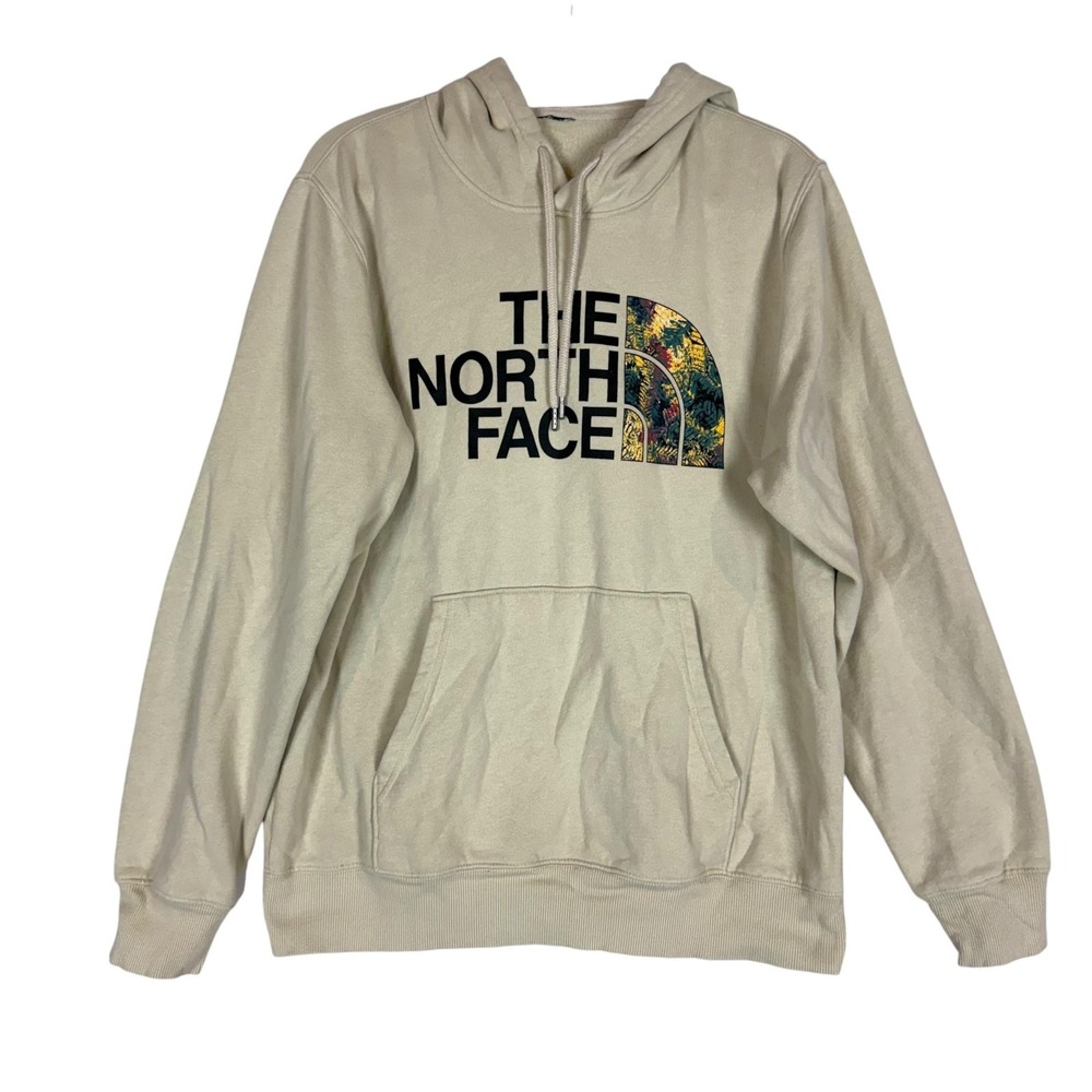 The North Face Hoodie Mens Large Beige Pullover Fleece Logo Graphic Kangaroo
